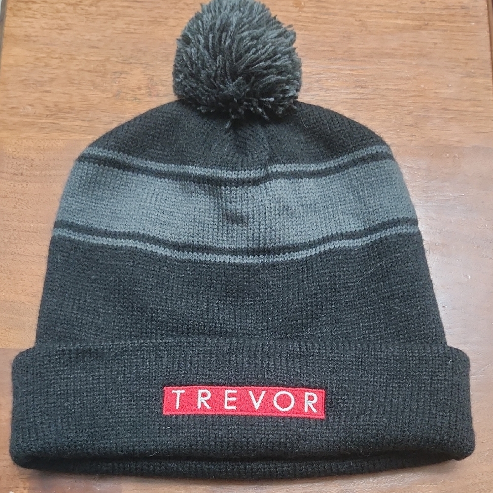 Black and Gray Beanie with Red. TREVOR  Label